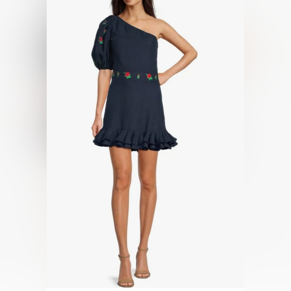Fanm Mon Flame Mini Linen One Sleeve Ruffle Hem Floral Embroidery Dress